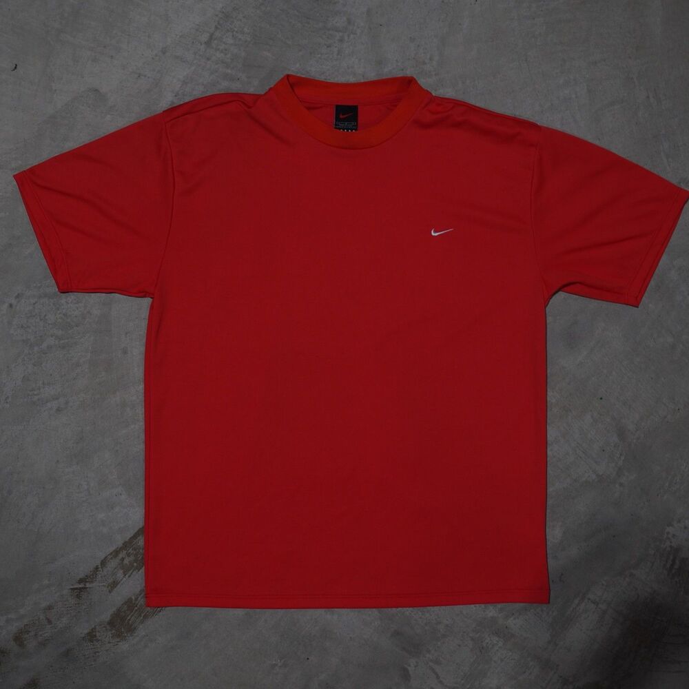 90s Nike Red T Shirt Mens L Made in USA Embroidered Swoosh Black Tag Polyester